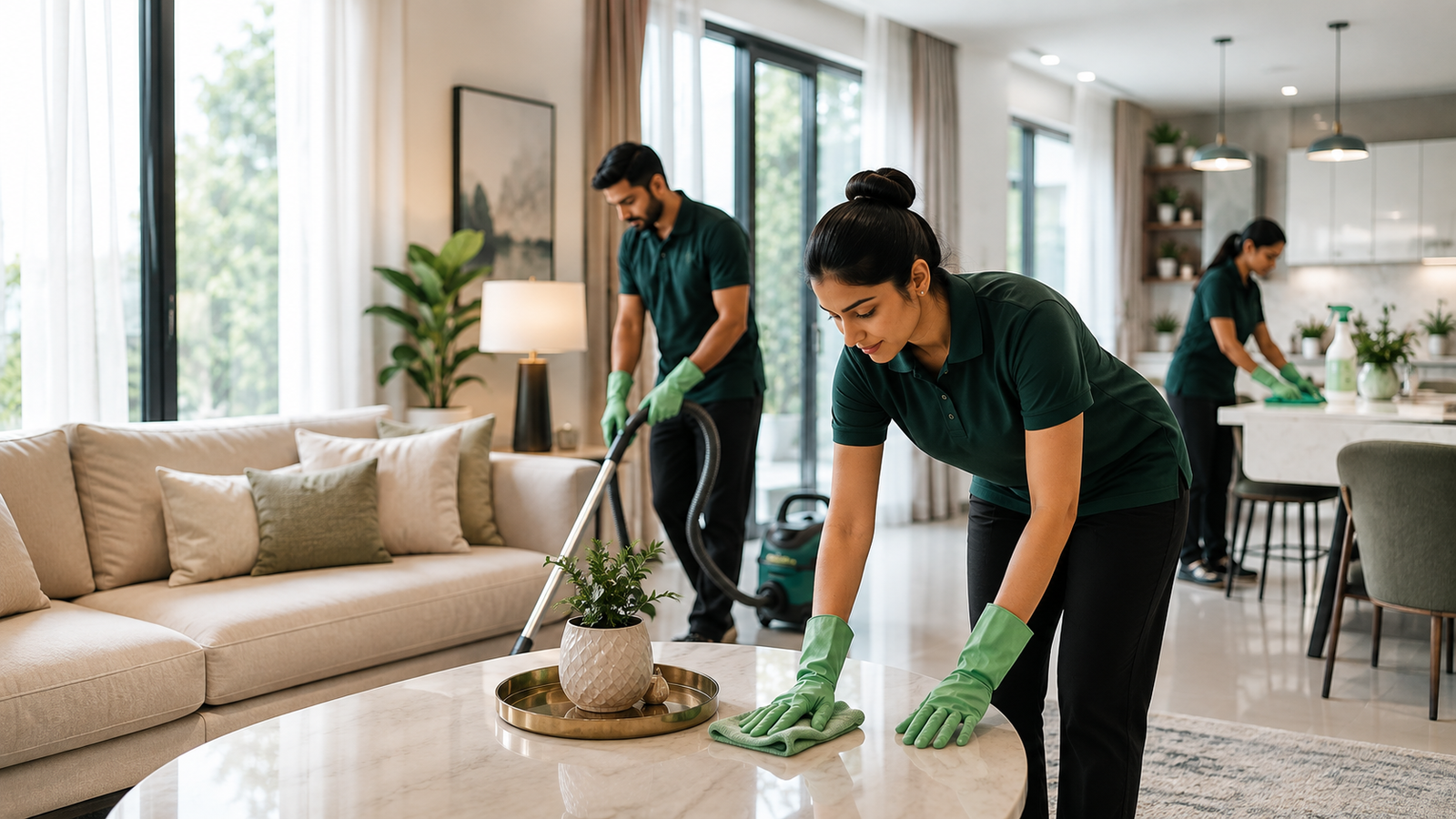 Professional cleaners working in a modern home