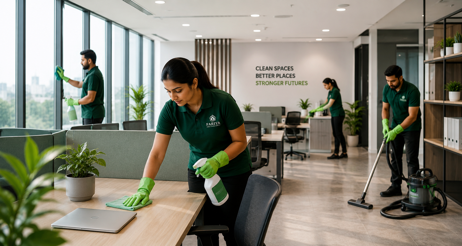 Professional cleaning team working in a modern space